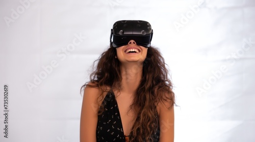 Young girl wearing virtual reality glasses. Studio photo on a clean isolated background. VR is the future of technology