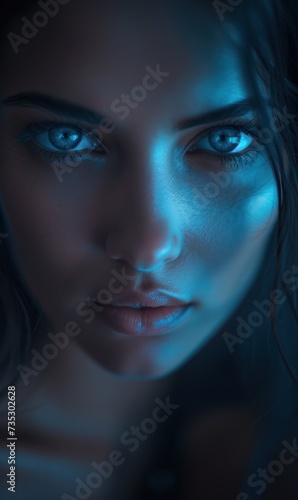 a close up of a woman's face with blue light coming from her eyes and her hair blowing in the wind.