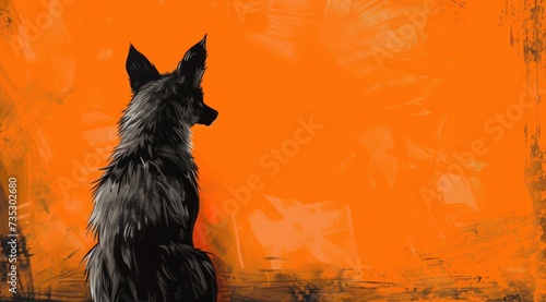 a painting of a dog sitting in front of an orange background with a black outline of a dog's head. photo