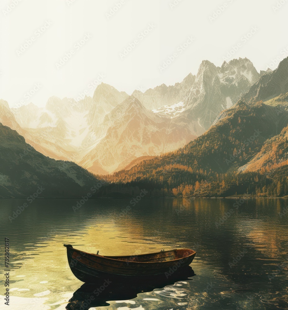 a small boat floating on top of a lake next to a lush green hillside covered in snow covered mountain tops.