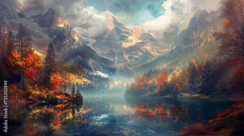 A serene alpine lake nestled among towering peaks  its surface as smooth as glass. The surrounding forest is ablaze with the fiery colors of autumn  reflected in the still waters below.