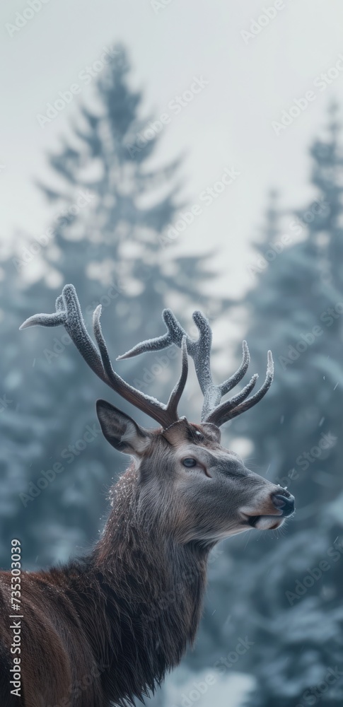 a close up of a deer with antlers on it's head in front of a snow covered forest. a close up of a deer with antlers on it's head in front of a snow covered forest.