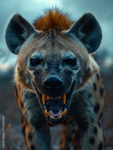 A hyena with sharp teeth in a threatening gesture and sinister smile showing its predatory and savage nature. Hyena with penetrating eyes and fierce expression.