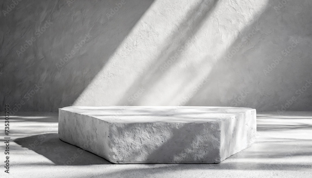 Stone podium with shadow overlay. Minimal scene for product presentation or advertising