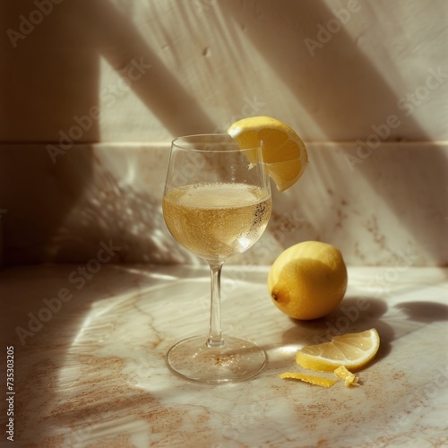 a glass of wine with a slice of lemon next to it and a half of a lemon on the table. photo