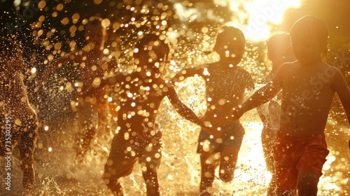 A group of kids playing with a water hose the suns rays reflecting off the water droplets creating a sparkling effect. photo
