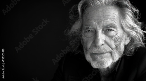a black and white photo of a man with long white hair and a beard, wearing a black shirt and looking at the camera.