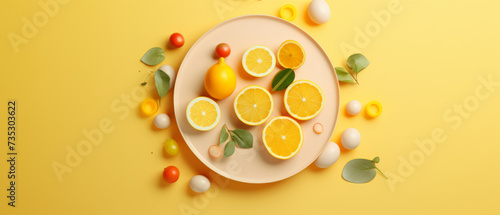 Fresh Citrus Composition with Oranges and Lemons on a Plate Surrounded by Greenery and Eggs on a Yellow Background