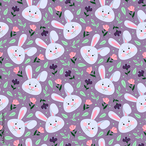Seamless pattern with cute rabbits and flowers background. Easter holiday wrapping paper, textile design, fabric.