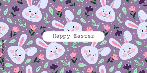 Easter postcard with cute bunny and flowers, cartoon 