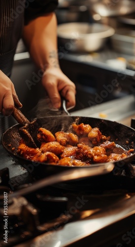 a close up of a person cooking food in a frying pan on a stove with a wooden spatula.