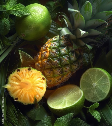 a close up of a pineapple, limes, and limes on a table with leaves and flowers. photo