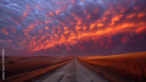 a dirt road in the middle of a wheat field under a purple and orange sky with clouds in the distance. © Jevjenijs