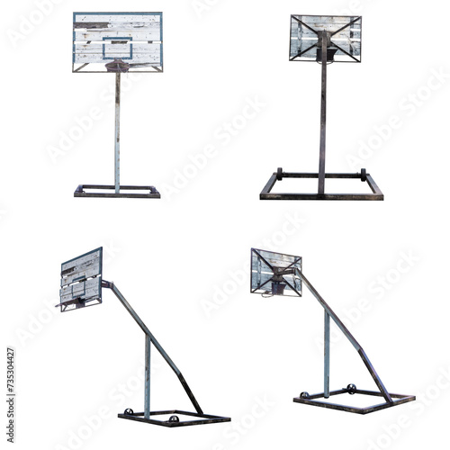 Fotografi Old wooden basketball backboard with rusty metal stanchion different view set is
