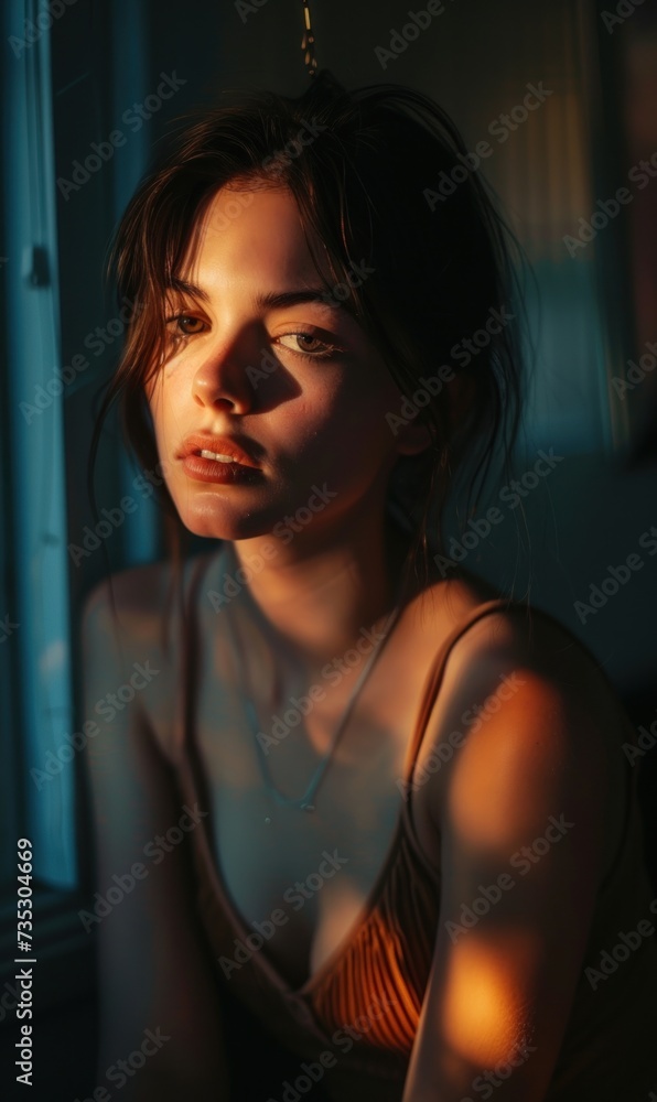 a woman sitting in front of a window with her hand on her head and a necklace hanging from her neck. a woman sitting in front of a window with her hand on her head and a necklace hanging from her neck.
