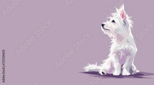 a small white dog sitting on top of a purple floor in front of a purple wall with a small white dog sitting on top of it's legs. photo