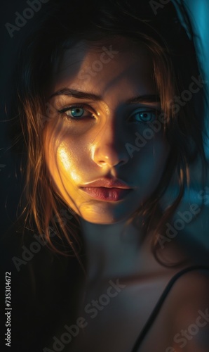 a close up of a woman's face with a blue and yellow light on her face and her hair blowing in the wind. © Jevjenijs