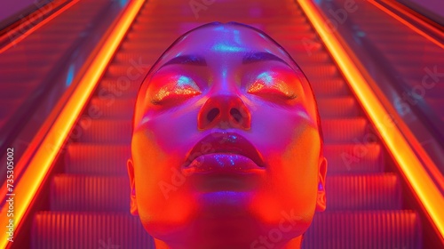 a woman's face is illuminated by neon lights as she stands on an escalator with her eyes closed.