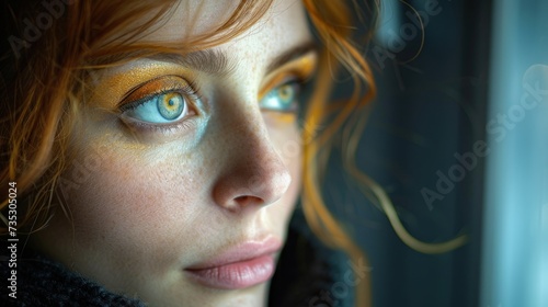 a close up of a woman's face with a yellow and blue eye make - up and hair blowing in the wind. photo