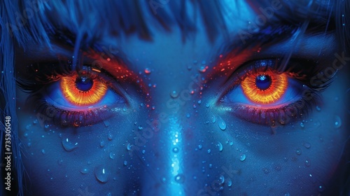 a close up of a woman's face with blue and red makeup and orange eyes with drops of water on her face.