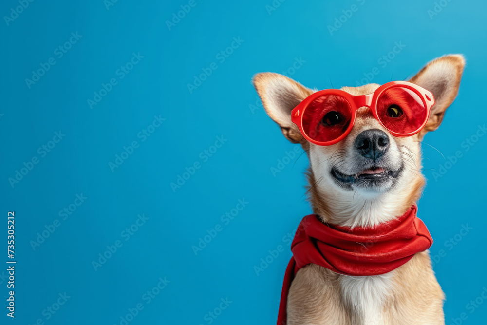 Dog wearing superhero costume on blue background with copy space