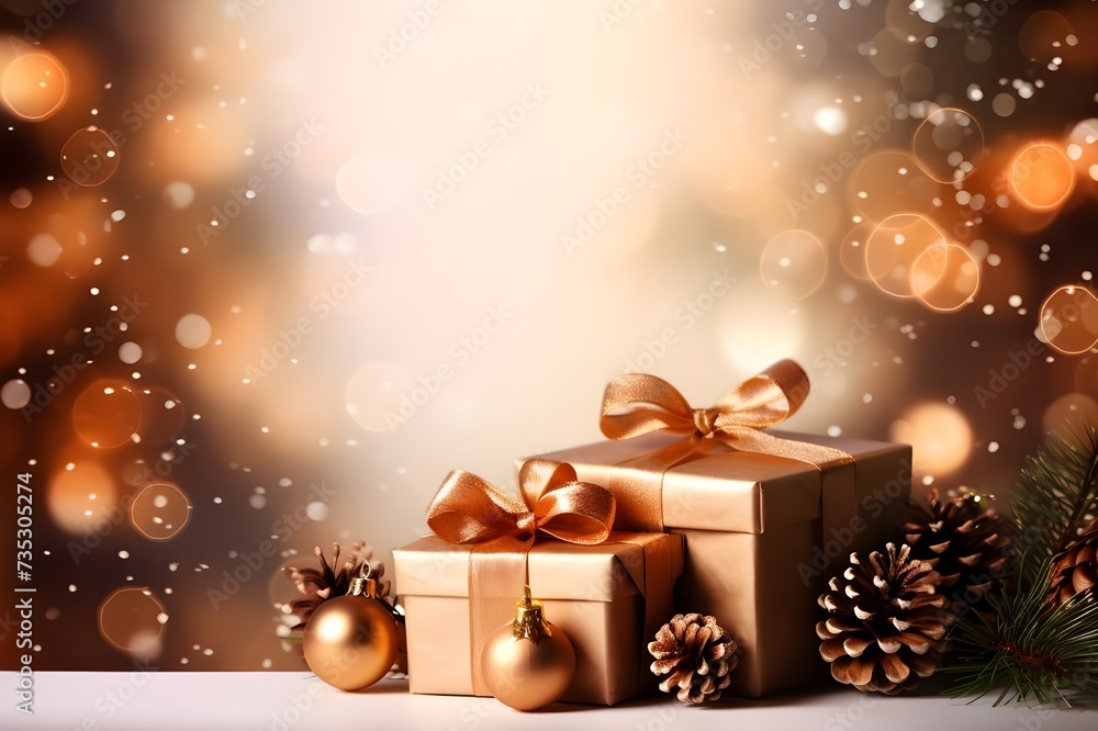 Christmas and new year gift boxes and pine cones and branches on bokeh lights background, Generative ai Christmas and new year gift boxes and pine cones and branches on bokeh lights background, Generative ai