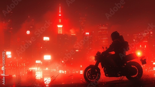 a person on a motorcycle in front of a cityscape with a red light in the middle of the night.