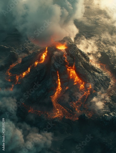 an aerial view of a volcano in the middle of the ocean with lava and smoke billowing out of it.