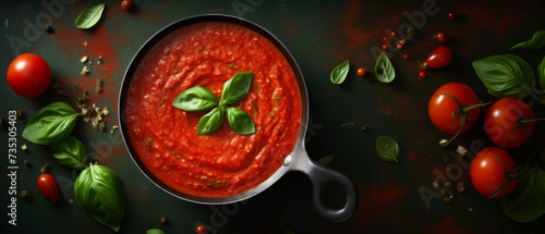 Tomato Sauce in a Skillet Surrounded by Fresh Tomatoes and Basil on a Dark Surface