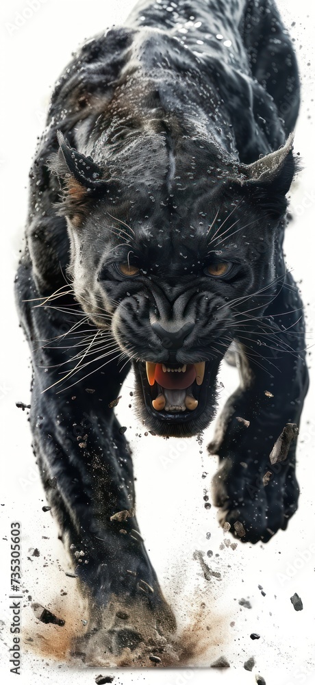 a black panther running through the snow with its mouth open and teeth wide open, with it's mouth wide open.