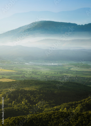 misty green hills, fantasy morning landscape