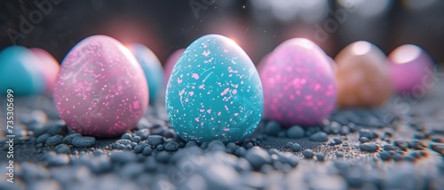 a group of blue and pink eggs sitting on top of a pile of rocks with sprinkles on them. photo
