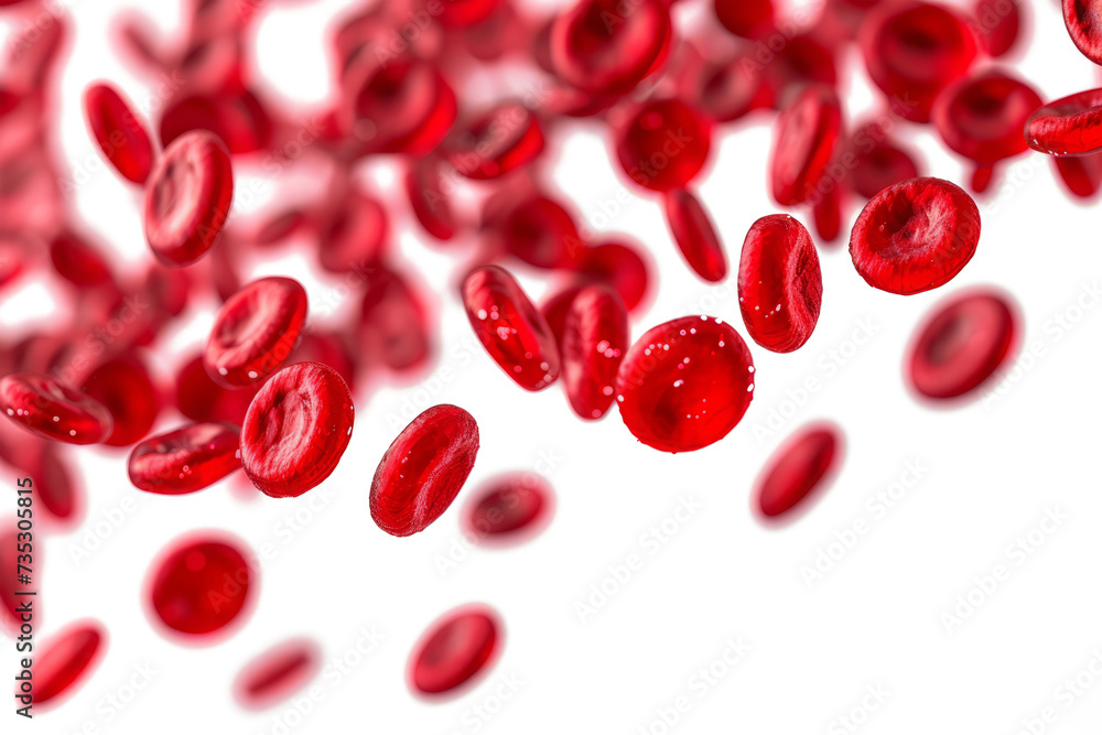 Flowing red blood cells isolated on transparent background, Blood circulation system in the human body, Microbiology concept Flowing red blood cells isolated on transparent background, Blood circulation system in the human body, Microbiology concept