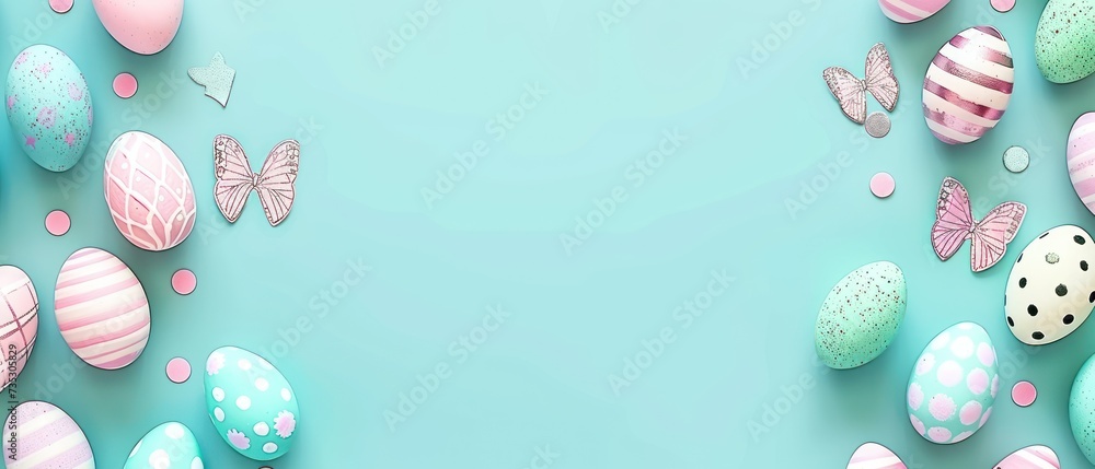 a blue background with pastel colored easter eggs and a butterfly on the left side of the image and a butterfly on the right side of the right side of the image. a blue background with pastel colored easter eggs and a butterfly on the left side of the image and a butterfly on the right side of the right side of the image.