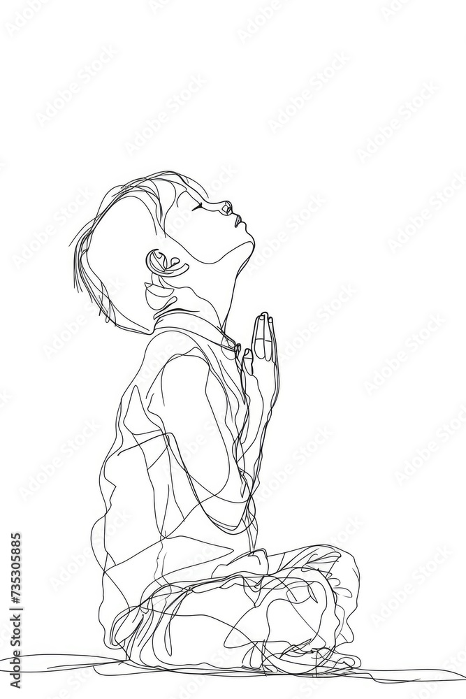 Little kid sitting on the ground praying. Continuous line drawing. Vector illustration.