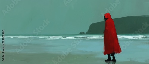 a painting of a woman in a red dress standing on a beach looking at the ocean with a mountain in the background. photo