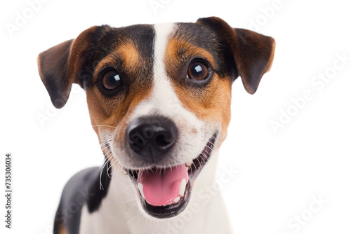 Happy dog looking at camera isolated on white background. Cute pet portrait