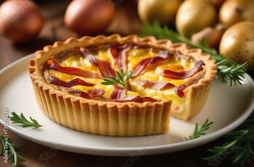St. Patrick's Day, national Irish cuisine, traditional Irish pastries, homemade pie decorated with cheese and herbs, quiche with potatoes and bacon, bacon slices