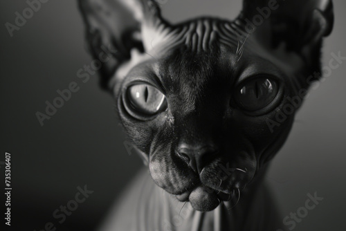 Bald Sphynx cat with wrinkled skin. Portrait of hairless pet