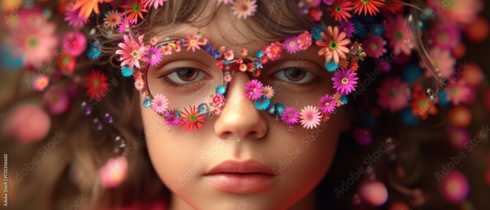 a close up of a girl with flowers in her hair and a pair of eyeglasses on her face.