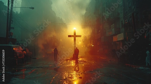 Cross in the city during a rainy night. 