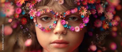 a close up of a girl with flowers in her hair and a pair of eyeglasses on her face.