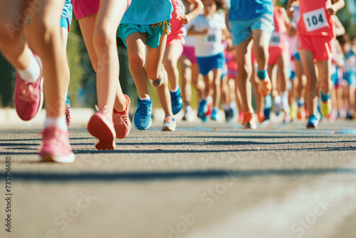 Happy children running together. Group of joyful kids enjoying run. Diverse children competing in running race