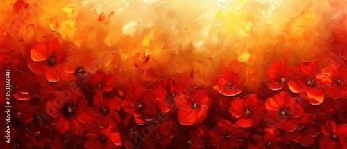 a painting of red flowers on a yellow and red background with a red and white stripe in the middle of the painting. photo