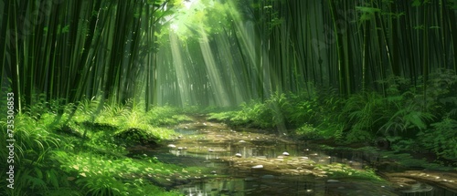 a painting of a stream in the middle of a bamboo forest with sunlight streaming through the trees on either side of the stream. photo