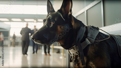 police dog at the airport, anti-drug German shepherd. Created with AI.