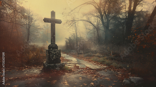 Cross in the foggy forest.