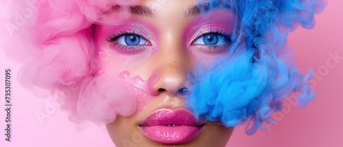 a close up of a woman with blue and pink smoke coming out of her face and a pink and blue smoke coming out of her face. photo