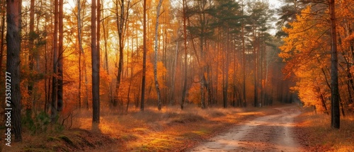 a dirt road in the middle of a forest with lots of trees on both sides of the road and yellow leaves on the trees.