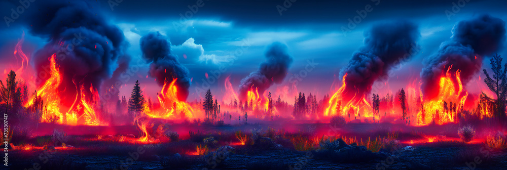 Wildfires Fury: A Vivid Depiction of Natures Wrath, with Flames and Smoke Threatening the Forests Serenity and Life